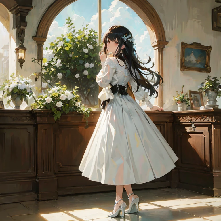 anime girl in white dress standing in front of a window, guweiz, guweiz masterpiece, guweiz on pixiv artstation, artwork in the style of guweiz, guweiz on artstation pixiv, made with anime painter studio, romantic dress,  in dress, in the art style of bowater, rin