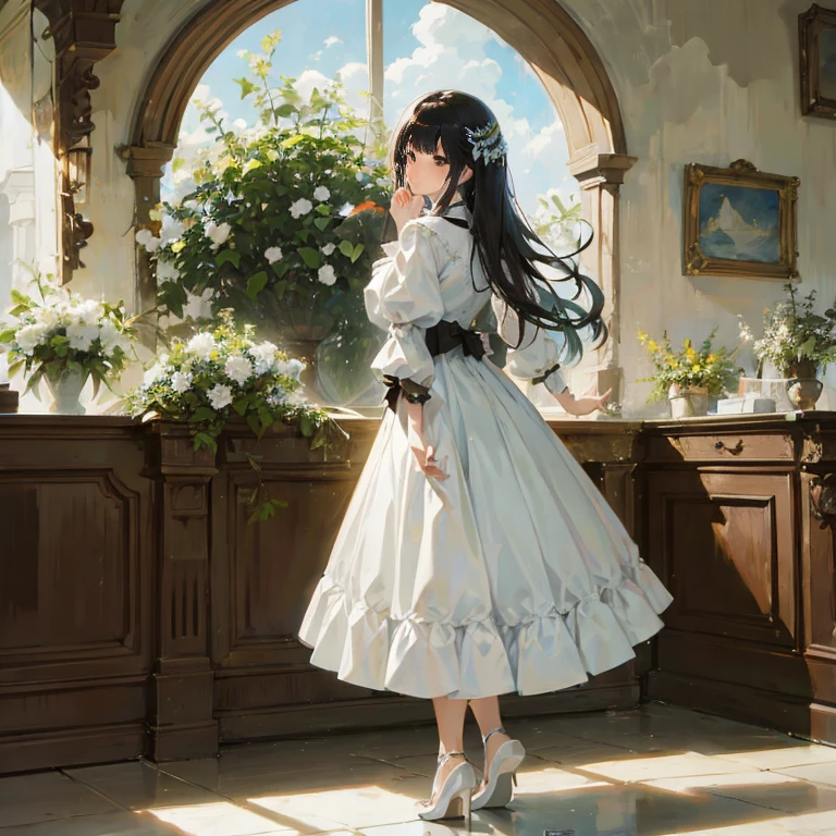 anime girl in white dress standing in front of a window, guweiz, guweiz masterpiece, guweiz on pixiv artstation, artwork in the style of guweiz, guweiz on artstation pixiv, made with anime painter studio, romantic dress, in dress, in the art style of bowater, rin