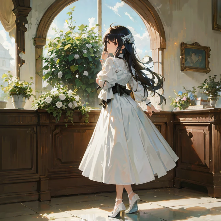 anime girl in white dress standing in front of a window, guweiz, guweiz masterpiece, guweiz on pixiv artstation, artwork in the style of guweiz, guweiz on artstation pixiv, made with anime painter studio, romantic dress, in dress, in the art style of bowater, rin