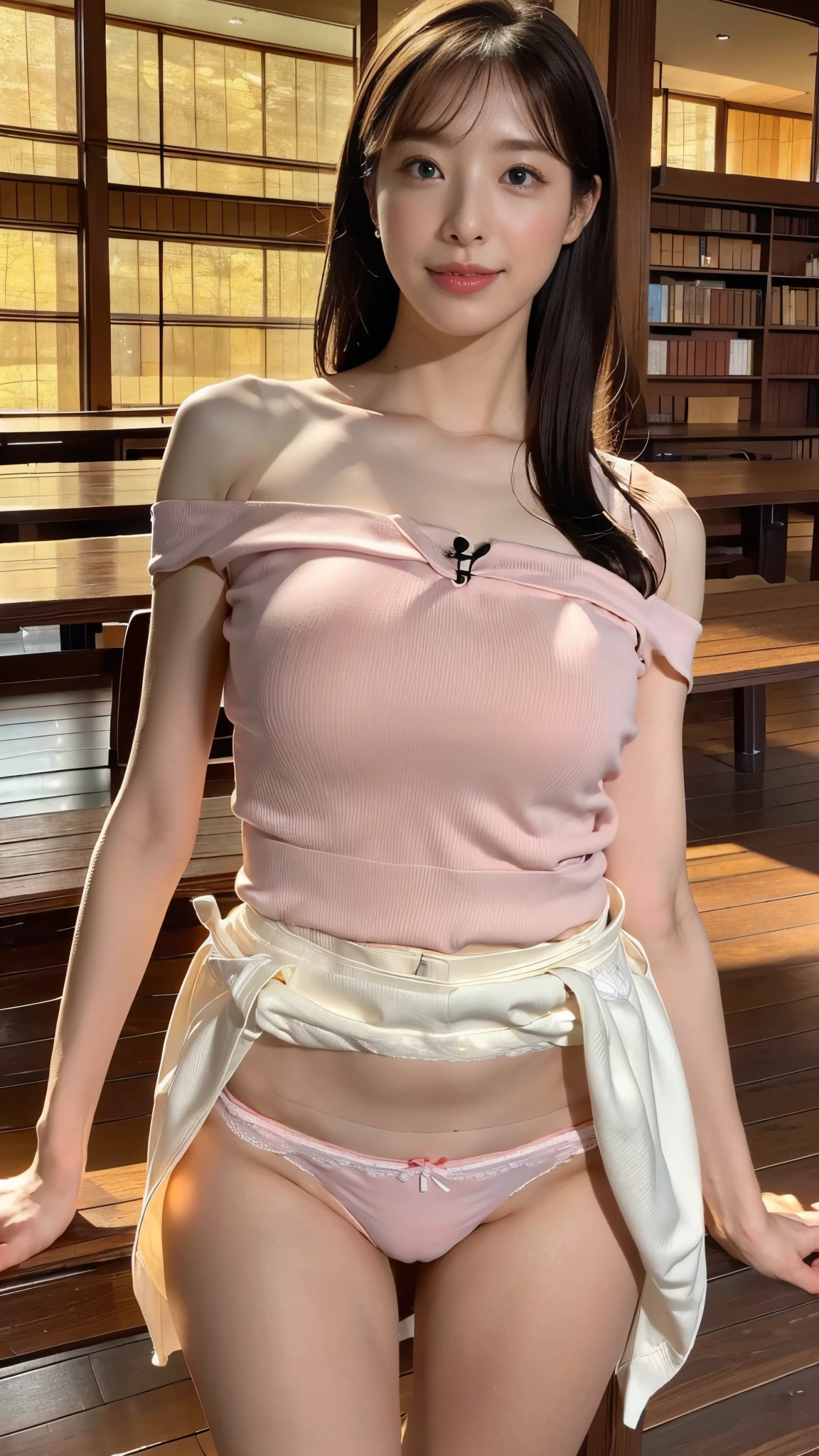 extremely highly detailed、masterpiece、Top Quality、超High Resolution A、8K high-definition、Photogenic clarity、A detailed eye、gradation、perfect anatomy body proportions ,hard disk、NFSW (english) (english) (english) ,nikon z9 80mm lens , masutepiece、Model Standing、Light pink panties made of lace material、off shoulder、The dress is made of pastel colour lace material(((Show me all the panties)))、(((The skirt is definitely worn)))、(((Lift skirt hem)))、panties focus、Natural light that is too bright、sunshine、Detail lace panty pattern、Ordinary panties、(((While standing, Lift the skirt and show the panties to the camera)))、(((Beautiful alignment)))、(((Lift your skirt big and big,、Show your panties to the camera)))、Ultra Slim Body, The body shape of a slender model、Beautiful posture, ((Inside the library)),