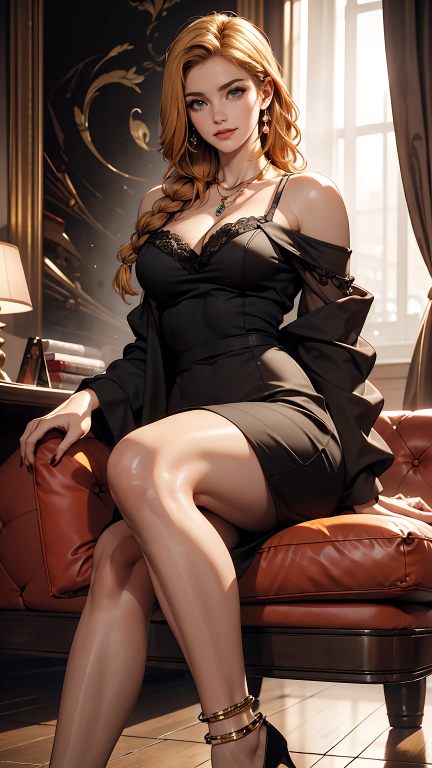 ((最high quality, 8K, masterpiece: 1.3, Ultra HD, high quality, 最high quality, High resolution, realism)) 、A 22-year-old extremely beautiful white woman、Slender but well-proportioned body、Hair color blonde、blue eyeedium Hair、Straight Hair、smile、Background blur((depth of field))、Aerial perspective((atmospheric perspective))、I want my head to stay off screen、Put an anklet on your ankle、Wearing red nail polish、I have a peticure、Slender but well-proportioned body、Inner Color((colored inner hair))、Braided long hair((low-braided long hair))、off shoulder((mini length))Bodycon Wear、Bend forward to emphasize cleavage、Wearing high heels、In a luxurious hotel lobby、There is a front desk、Lavish interior、luxurious furniture、Luxurious sofa