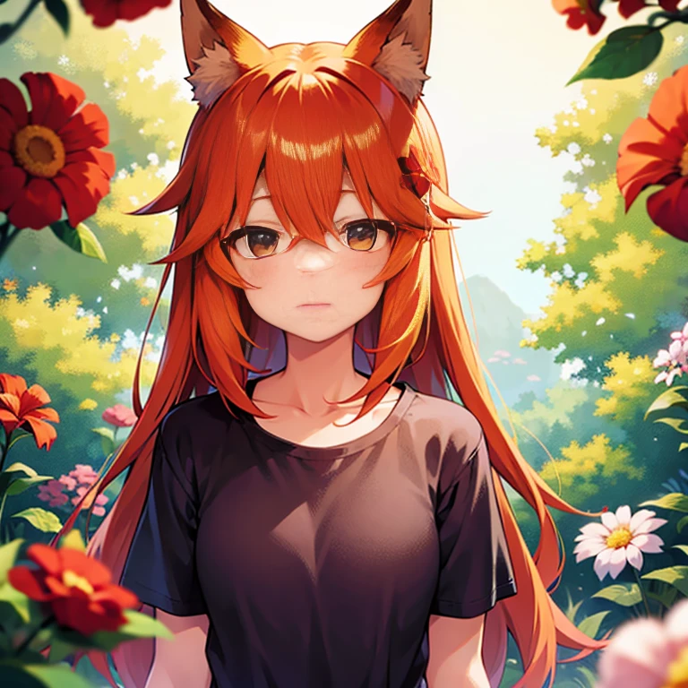 (best quality,4k),1 girl, detailed girl, girl with red hair, fox girl, flower fields, beautiful colors of flowers.