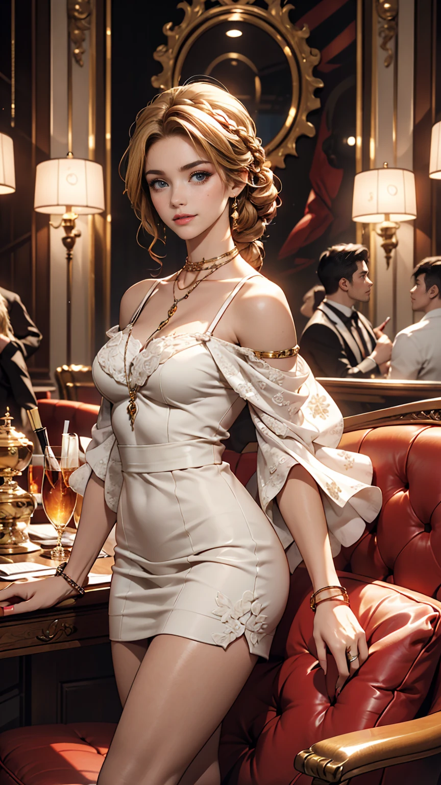 ((最high quality, 8K, masterpiece: 1.3, Ultra HD, high quality, 最high quality, High resolution, realism)) 、A 22-year-old extremely beautiful white woman、Slender but well-proportioned body、Hair color blonde、blue eyeedium Hair、Straight Hair、smile、Background blur((depth of field))、Aerial perspective((atmospheric perspective))、I want my head to stay off screen、Put an anklet on your ankle、Wearing red nail polish、I have a peticure、Slender but well-proportioned body、Inner Color((colored inner hair))、Braided long hair((low-braided long hair))、off shoulder((mini length))Bodycon Wear、Bend forward to emphasize cleavage、Wearing high heels、In a luxurious hotel lobby、There is a front desk、Lavish interior、luxurious furniture、Luxurious sofa