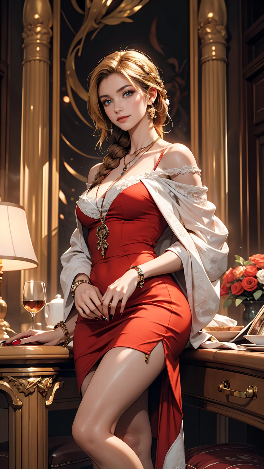 ((最high quality, 8K, masterpiece: 1.3, Ultra HD, high quality, 最high quality, High resolution, realism)) 、A 22-year-old extremely beautiful white woman、Slender but well-proportioned body、Hair color blonde、blue eyeedium Hair、Straight Hair、smile、Background blur((depth of field))、Aerial perspective((atmospheric perspective))、I want my head to stay off screen、Put an anklet on your ankle、Wearing red nail polish、I have a peticure、Slender but well-proportioned body、Inner Color((colored inner hair))、Side-swept chignon((side bun))、off shoulder((mini length))Bodycon Wear、Bend forward to emphasize cleavage、
Wearing high heels、In a luxurious hotel lobby、There is a front desk、Lavish interior、luxurious furniture、Luxurious sofa