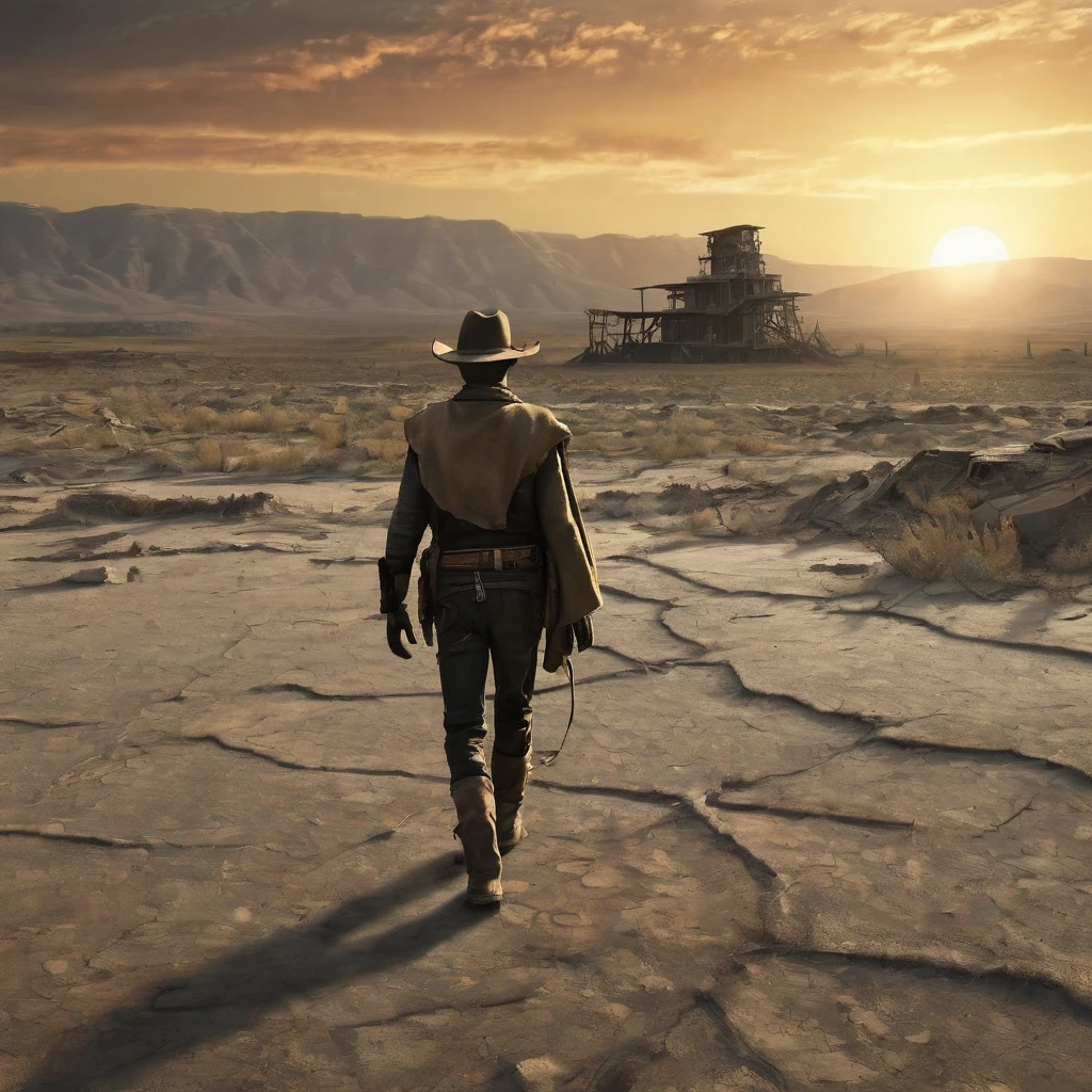 Rear view from afar. A desolate post-apocalyptic landscape. A thin man in a ragged poncho and a cowboy hat is walking away across a deserted wasteland. Sunset. Dramatic elongated shadows. Ruins on the horizon . The color pattern is in the style of the game "Fallout". Hyperdetalization. Cinematography. text "game over" floating above, hyper-detailed, 32k resolution, digital painting, ultra-fine details.