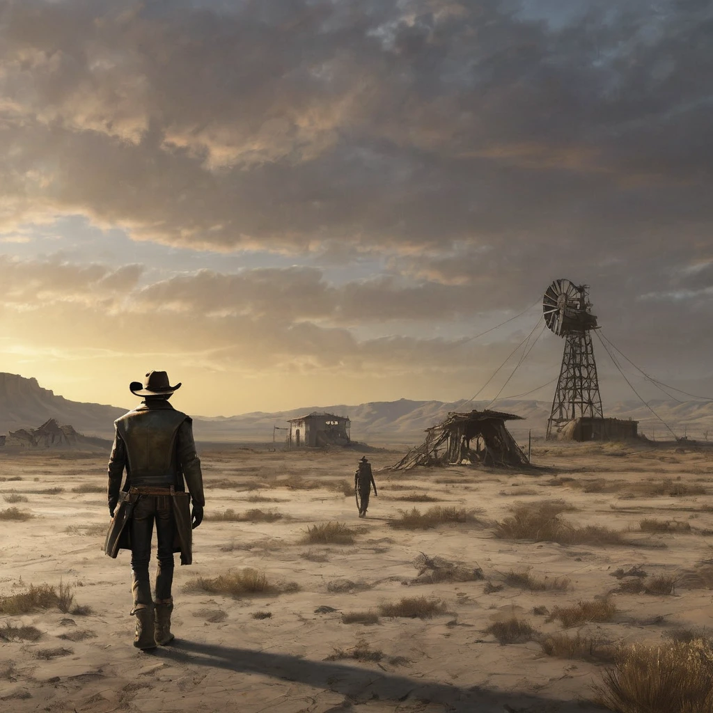 Rear view from afar. A desolate post-apocalyptic landscape. A thin man in a ragged poncho and a cowboy hat is walking away across a deserted wasteland. Sunset. Dramatic elongated shadows. Ruins on the horizon . The color pattern is in the style of the game "Fallout". Hyperdetalization. Cinematography. text "game over" floating above, hyper-detailed, 32k resolution, digital painting, ultra-fine details.