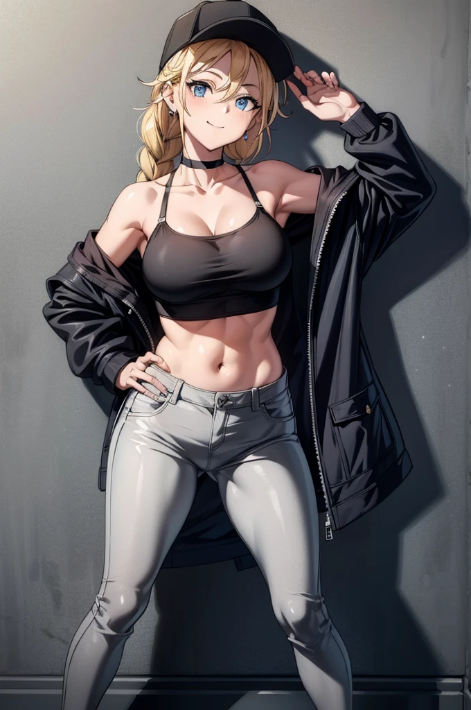 (((grayscale)))(masterpiece:1.2, best quality), (graffiti wall:1.15), 1lady, beanie, jacket, Leggings, blue eyes, fullbody,the figure is leaning against the wall and posing for the camera., 1girl, solo, breasts, long hair, braid, blue eyes, jewelry, hat, blonde hair, off shoulder, navel, large breasts, pants, earrings, choker, baseball cap, jacket, smile, bare shoulders, looking at viewer, twin braids, black headwear, midriff, hand on hip, crop top