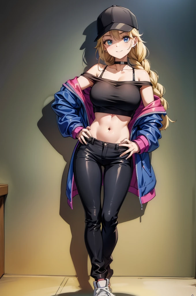 a girl with her hands behind her and a cap on her head posing, 1girl, solo, hands on hips, jacket, blue jacket, breasts, pants, blue eyes, navel, hat, off shoulder, open jacket, baseball cap, looking at viewer, crop top, blonde hair, braid, black pants, open clothes, large breasts, choker, midriff, bare shoulders, twin braids, shadow, earrings, black headwear, collarbone, full body, jewelry, black choker, long hair, shirt, black shirt, smile, standing, signature, stomach