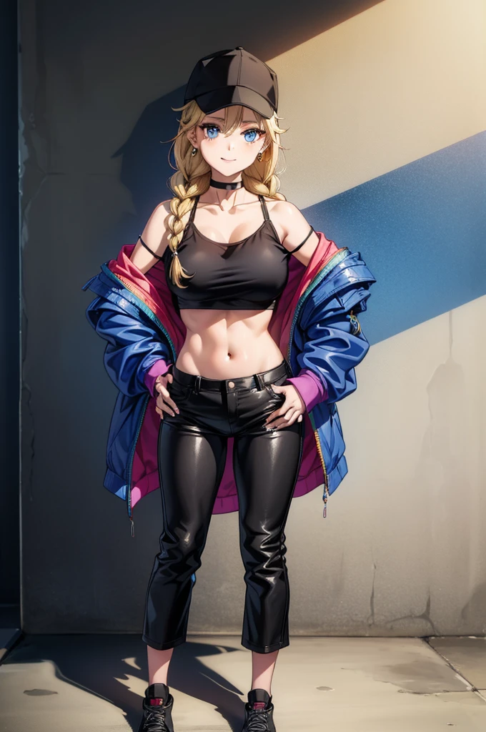 (absurdres, highres, ultra detailed),(absurdres, highres, ultra detailed), 1 blonde female, adult, beautiful, tall lady, thin waist, ((pale skin)), finely detailed eyes and detailed face, (((long light blonde hair with slightly pink edges))), (a jersey jacket aboved a croped top, jean shorts), elegant, neat, graceful, seductive look, attractive, light grey eyes, white background, (full body)