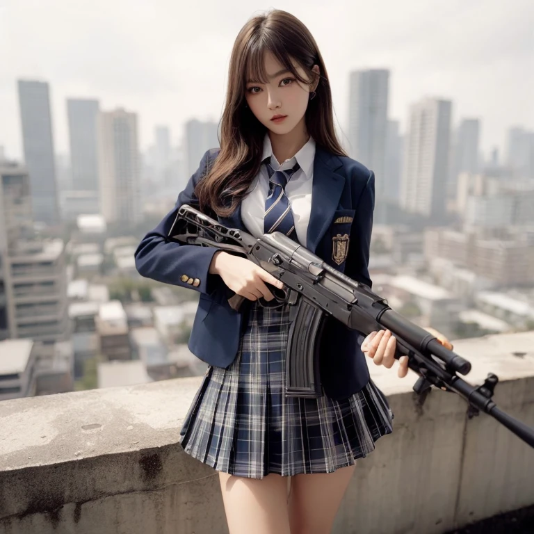 1 woman、(Very beautiful)、(Pretty face: 1.5)、(Detailed face)、standing、(high school uniform)、Dark blue jacket、white shirt、neck tie、Checkered mini skirt、Long brown straight hair、 (Dark makeup)、(holding a rifle)、(Aim your rifle: 1.5), AK47、(On the roof of a high-rise building)