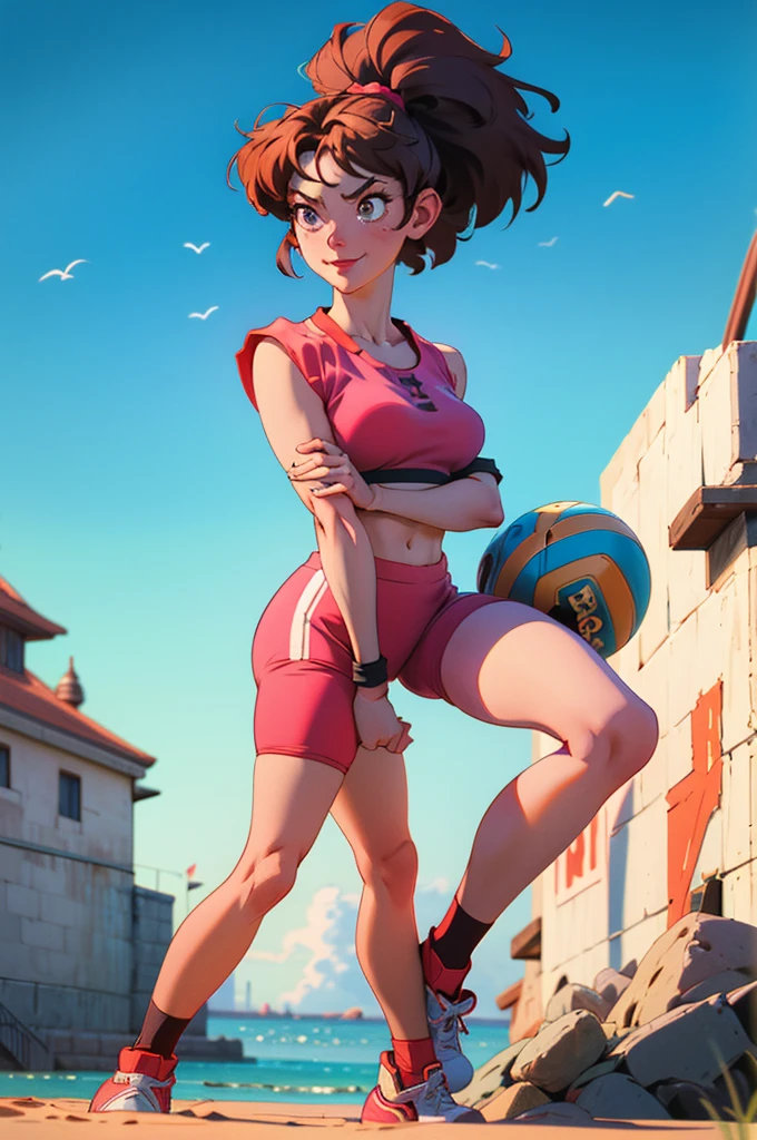 imagined a girl in extreme sport outfit playing to a flying disc game in a beach arena game sport, masterpiece, ultra-detailed, 80's anime (style), 2D, megapixel, perfectionism, full HD , 4K, (windjammers), windjammers sport game, windjammers 2 (((((solo mature anime woman,)))))++++++++++++++++++, looking at viewer, full body, brown hair and pink hair, short hair, weird hair, smile, lips, eyelashes, medium breasts, gym uniform, uniform, gym shorts, headband, sports bra, elbow pad, knee pad, extreme sports outfit 80's theme, beach background, playing flying disc game on a beach court game, sea, sun in the sky, sports wear