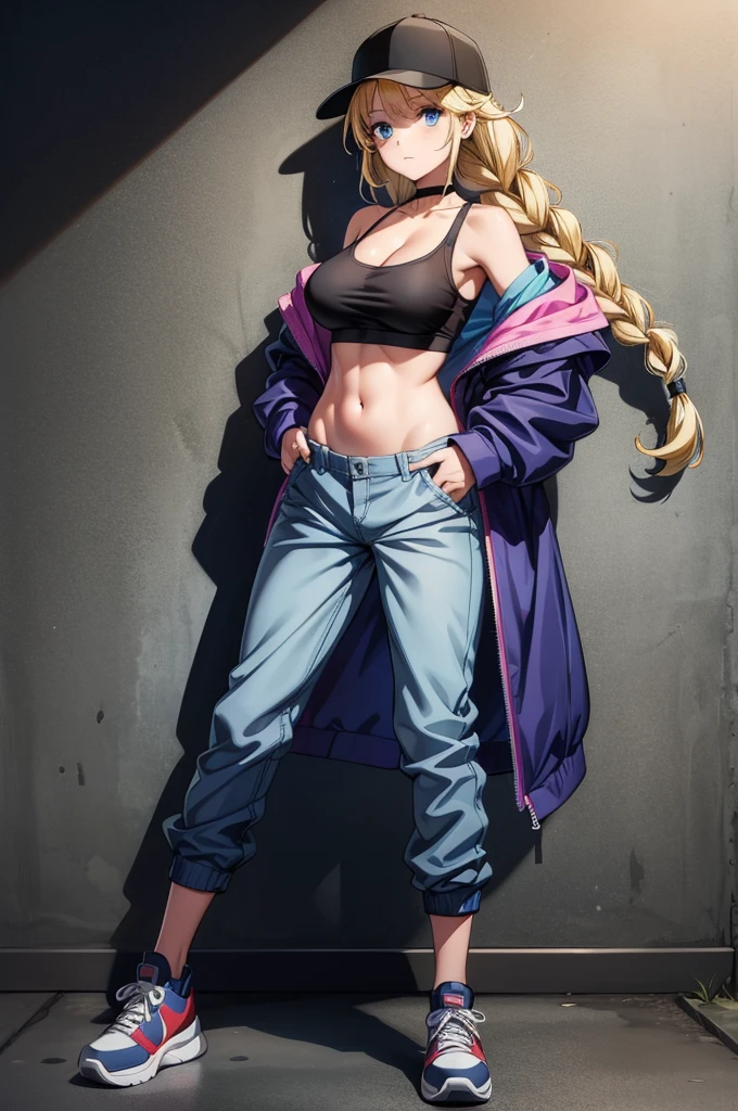 a girl with no clothes on a black base standing by a wall, 1girl, breasts, solo, blue eyes, navel, twin braids, shoes, blonde hair, cleavage, jacket, hat, sneakers, large breasts, baseball cap, braid, blue jacket, full body, looking at viewer, hand on hip, choker, long hair, collarbone, off shoulder, pants, open clothes, black headwear, sports bra, standing, open jacket, midriff, bare shoulders, black choker, shadow