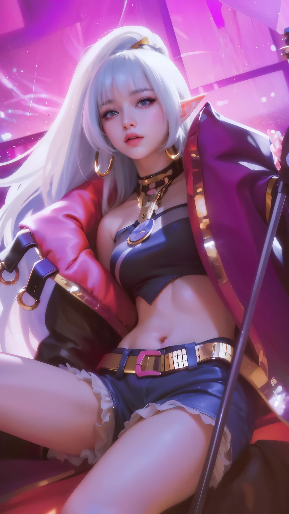 (8k, RAW photo, photorealistic:1.25) ,( lipgloss, eyelashes, gloss-face, glossy skin, best quality, ultra highres, depth of field, chromatic aberration, caustics, Broad lighting, natural shading,Kpop idol) looking at viewer with a serene and goddess-like happiness, elf ears
