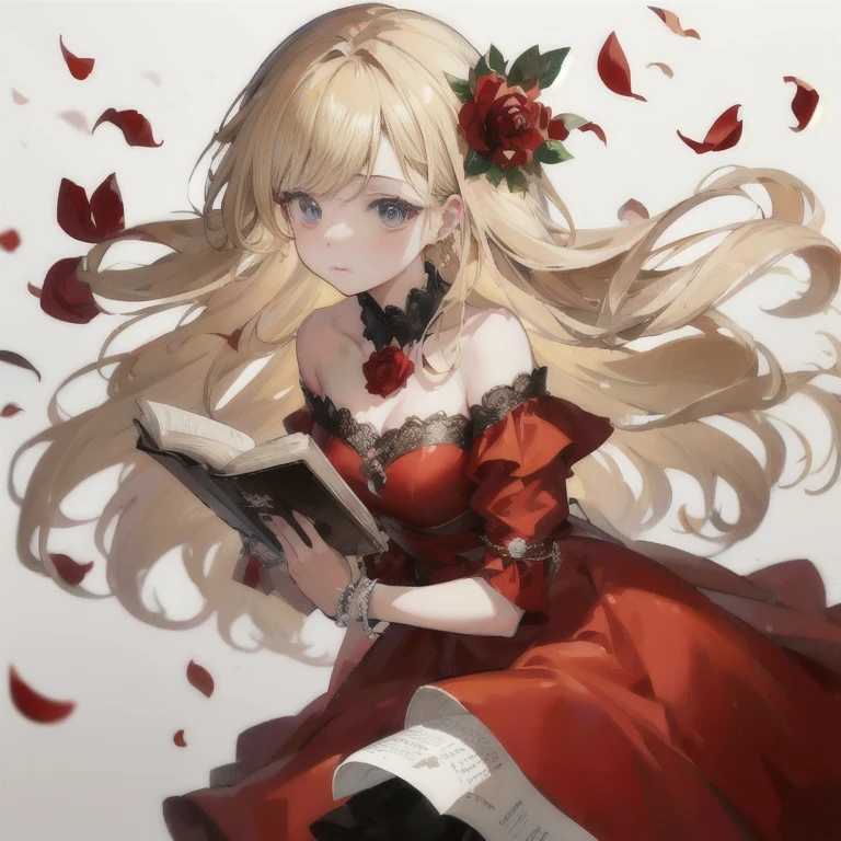 anime girl in red dress reading a book with rose petals flying around her, blonde anime girl with long hair, in dress, cute anime waifu in a nice dress, beautiful anime girl, beautiful anime woman, (anime girl), anime girl with long hair, beautiful anime portrait, blonde - haired princess, pretty anime girl, high quality anime artstyle