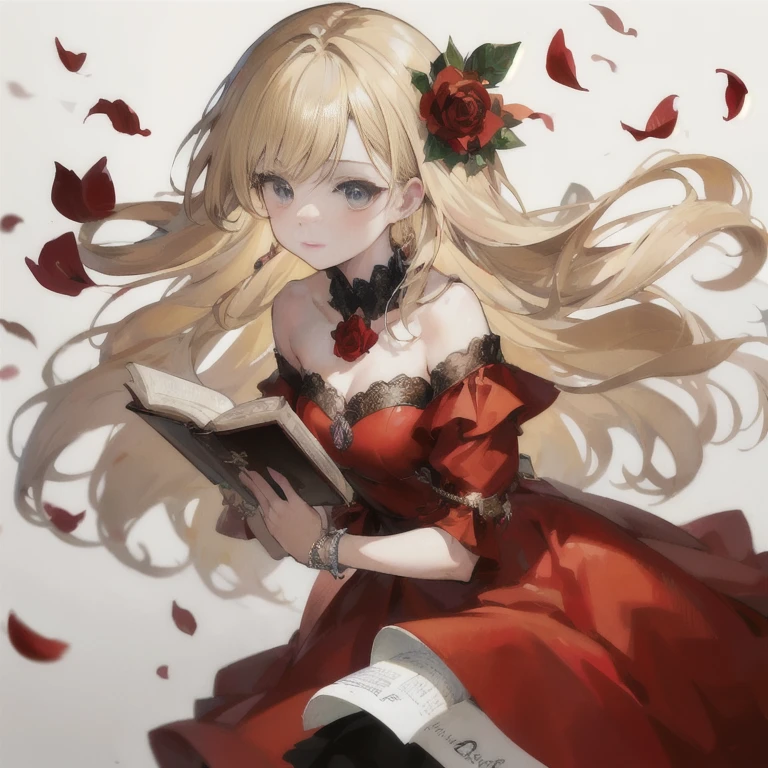 anime girl in red dress reading a book with rose petals flying around her, blonde anime girl with long hair, in dress, cute anime waifu in a nice dress, beautiful anime girl, beautiful anime woman, (anime girl), anime girl with long hair, beautiful anime portrait, blonde - haired princess, pretty anime girl, high quality anime artstyle