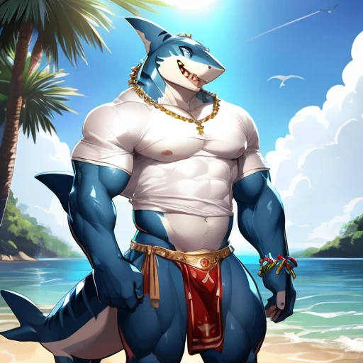 hi res,(shark, finless shark), not furry, anthro, aqua blue eyes, small loincloth, black loincloth, lingerie bikini, sexy bikini, side-tie bikini, tiny black thong, male, muscular, muscular anthro, muscular male, tail, outside, plant, light blue body, sea, solo, tree, (water), detailed background,by milkytiger1145,by takemoto arashi,by null-ghost, cold atmosphere, open smile, soft blue blush, muscular thighs, thick thighs, wide hips, single fin, loincloth accessory, loincloth jewelry, jewels and ornaments for loincloth, sexy loincloth, belly dancer outfit, curvy figure, voluptuous figure, ((white tshirt, white tshirt)), wearing white tshirts, , ((white tshirt, white tshirt))((white tshirt, white tshirt)), wearing white tshirts, , ((white tshirt, white tshirt))