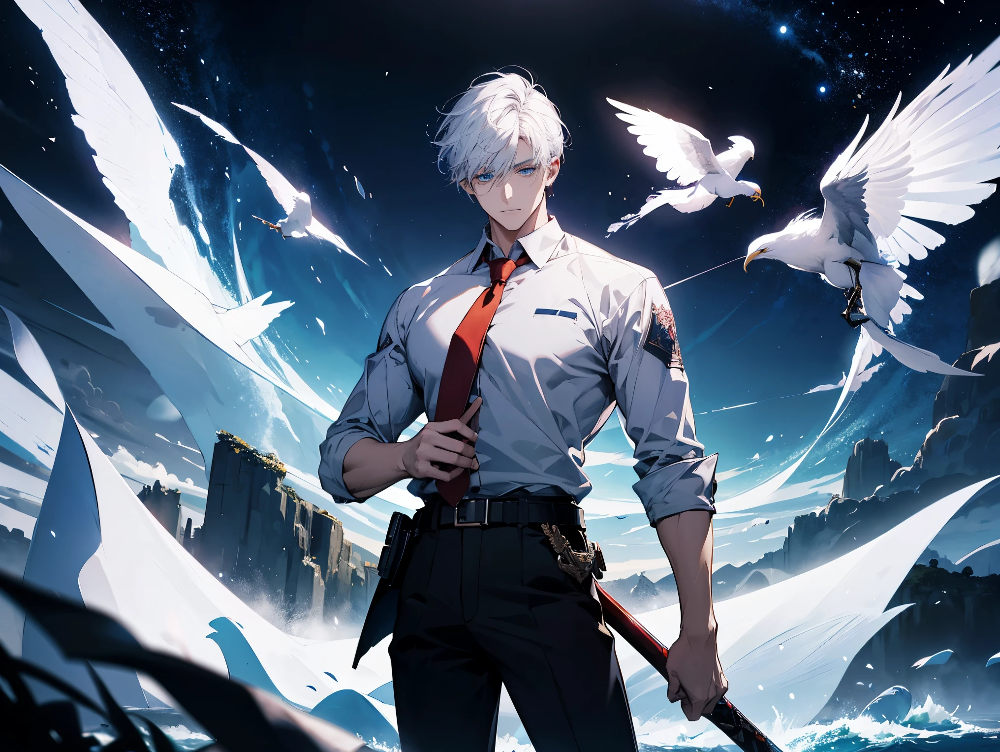 1 male,, 26 year old, masculine, short white hair, Attractive, red tie, White shirt, Rolled up sleeves, Black belt, Black pants, eyes of ocean color, Beautiful blue eyes、beautiful hair、no expression, holding a sky blue sword, black hilt, Trending on ArtStation, 8K resolution, Highly detailed, Anatomically correct, Sharp Image, Digital Painting, Concept art, of the highest quality、galaxy snowy forest background, flying pages