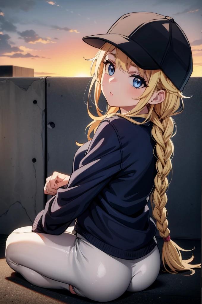 an anime girl with braid wearing black jacket sitting on cement steps during sunset, 1girl, solo, hat, blue eyes, beanie, braid, looking at viewer, twin braids, looking back, pantyhose, outdoors, ass, jacket, long hair, sitting, long sleeves, black pantyhose, blush, black headwear, black jacket, from behind