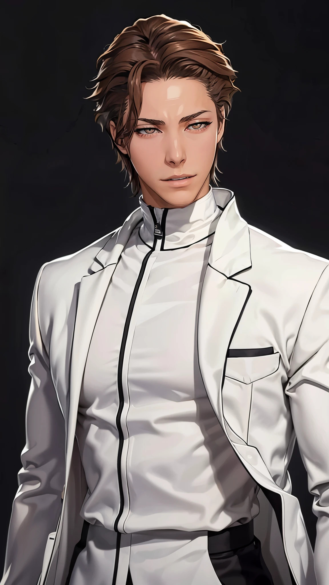 （（（完美figure，figure，man，solo，（（（White clothes，white coat，）））， （（（Aizen，Brown short hair, brown pupils,））），((masterpiece)),high resolution, ((Best quality at best))，masterpiece，quality，Best quality，（（（ Exquisite facial features，Looking at the audience,There is light in the eyes，(（（lol，confidence））)，））），型figure:1.7））），（（（Light and shadow，））），（（（Looking at the camera，black background，）））