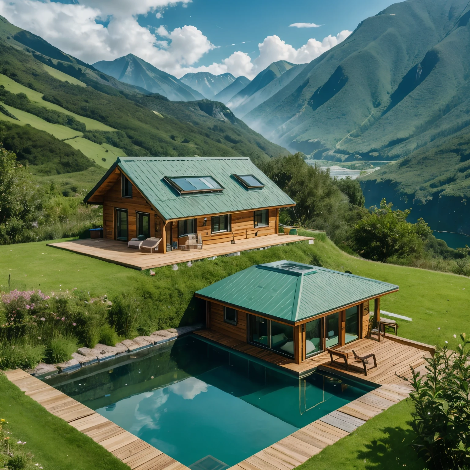 realistic photo of a tiny luxurious house nestled ,green roof of throning, in a lush green landscape, surrounded by rolling rivers and misty mountains, with a clear, illuminated pool extending from the tiny house, bordered by stone and overlooking the scenic view of the valley below