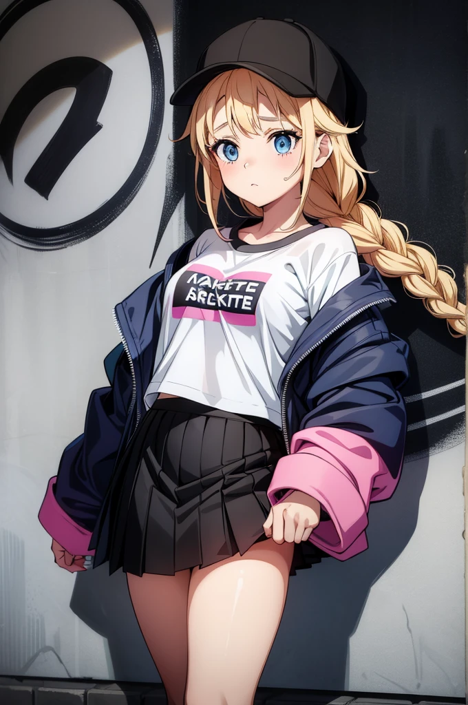 (((grayscale)))(masterpiece:1.2, best quality), (graffiti wall:1.15), 1lady, beanie, jacket, Leggings, blue eyes, fullbody,lifting shirt,lifting her shirt with both hands,both hands lifting shirt, Undergarments showing,pink bar showing,skirt wearing,black skirt wearing,shy, embarrassed expression,, more prism, vibrant color,Thick Waifu, more_details:0, more_details:0.5, more_details:1, more_details:1.5, Eiko Tsukimi, blue eyes, braid, double braid, blonde hair, long hair,baseball cap