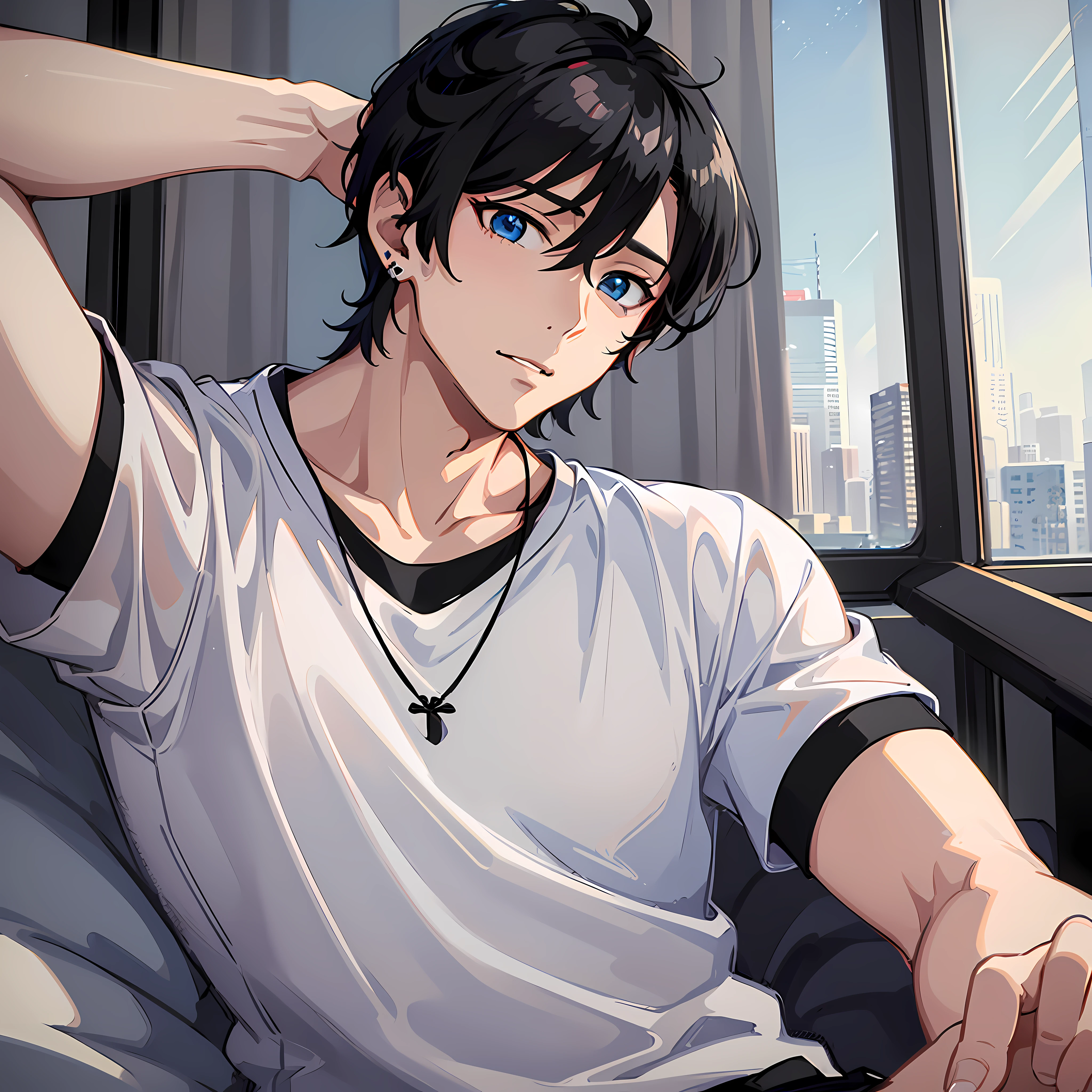 Anime character in white T-shirt lying on a villa bed，Tall anime man with blue eyes，young anime man，Anime handsome man，Anime portrait of a handsome man，Anime moe art style，Male anime style，inspirado em Okumura Masanobu，male anime character，High quality anime art style，Handsome anime pose，Smooth anime CG art，(with short black hair:2)，Black stud earrings，Lost in both eyes，Idle，Looking at the ceiling