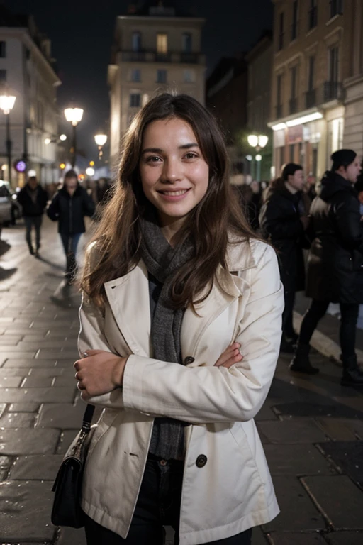 femme de 30 ans, cheveux gris avec une apparence jeune, In the square (seul) en chantant, avec une expression de joie (Souriant), pendant qu'il pleut, dans une tempête nuageuse et sombre (sans beaucoup de trafic), avec des vêtements noirs( best quality, Super definition, HD))
