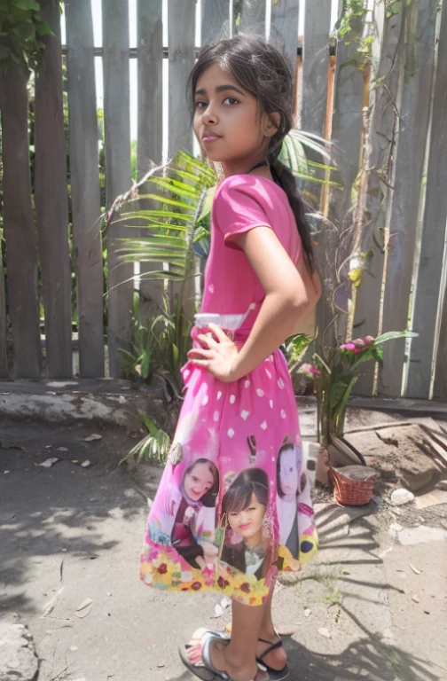 there is a person standing in a yard wearing a pink dress, inspirado em Pacita Abad, vestindo chiton floral rosa, por Reyna Rochin, , garota de vestido, foto de corpo inteiro, rostos de boneca em um vestido, vestida com um vestido rosa, modelagem para doce e gabanna, detalhe adicionado, inspired by Angel Botello