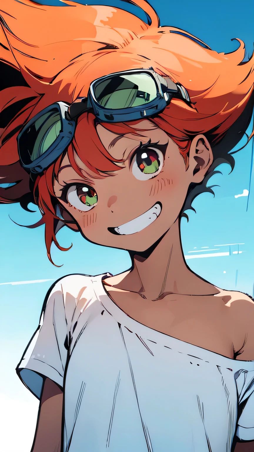 (Radical Ed:1.5), (Edward Wong Hau Pepelu Tivrusky IV), red hair, (Green goggles), white shirt, A once-in-a-millennium masterpiece, A photo you will never get again, Inexplicable high resolution, The cutest girl in the world, Ultra high definition eyes, Eyes that seem to draw you in, Jewel-like eyes, Extreme close up, very slender, clavicle, 8--old,aceship on the background, blue sky, grin, shoulder