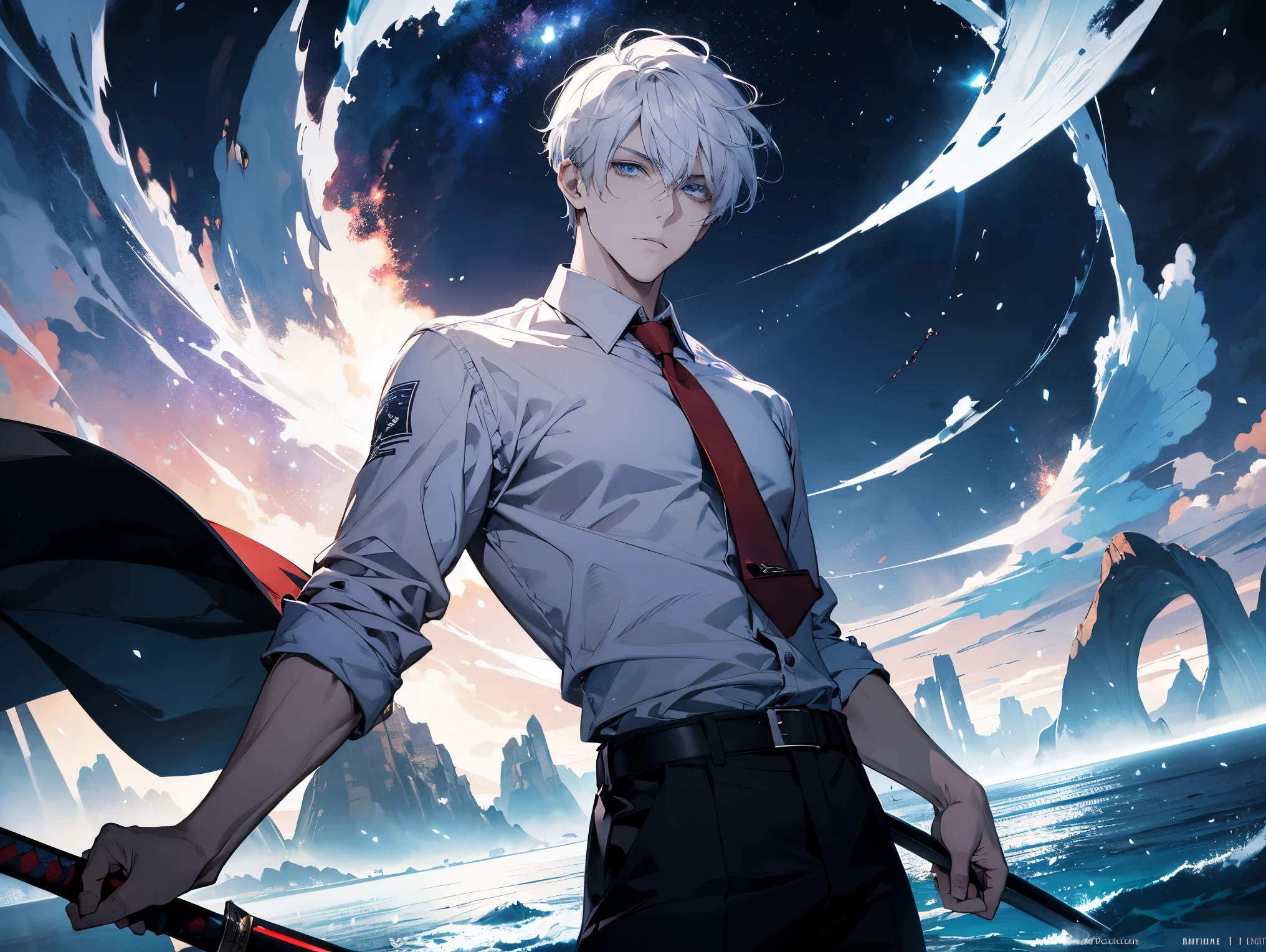 1 male,, 26 year old, masculine, short white hair, Attractive, red tie, White shirt, Rolled up sleeves, Black belt, Black pants, eyes of ocean color, Beautiful blue eyes、beautiful hair、no expression, holding a sky blue sword, black hilt, Trending on ArtStation, 8K resolution, Highly detailed, Anatomically correct, Sharp Image, Digital Painting, Concept art, of the highest quality、galaxy snowy forest background, flying pages