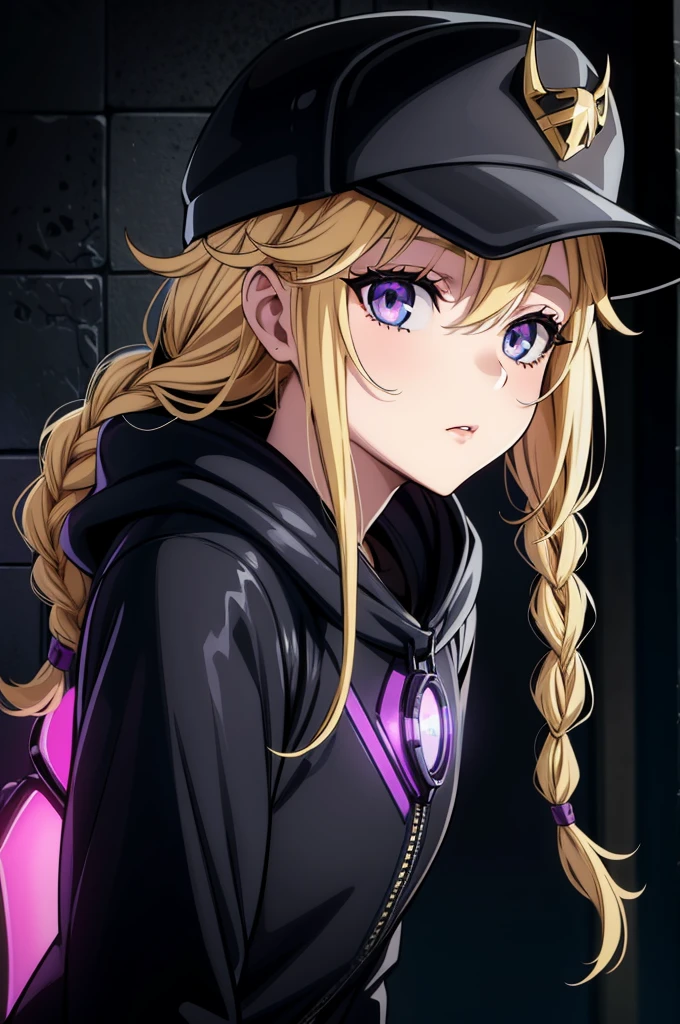 (((grayscale)))(masterpiece:1.2, best quality), (graffiti wall:1.15), 1lady, beanie, jacket, Leggings, blue eyes, fullbody,《masterpiece》, 《best quality》, 《ultra-detailed》, 1girl, cool, Glowing purple eyes, egyptian, egyptian style, exotic,'((Augmented cyborg))', fused with King Cobra, king cobra motif, poisonous, '((dripping black venom))', '((purple and gold metal exoskeleton))', '((snakeskin jacket with hood))', '((black snake scales))','((Talking on a smartphone))','(((Smartphone, selfie)))','((upper body angle))','(((elevator)))',, more_details:0, more_details:0.5, more_details:1, more_details:1.5, Eiko Tsukimi, blue eyes, braid, double braid, blonde hair, long hair,baseball cap