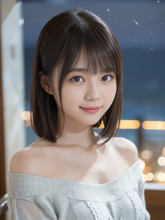 Tabletop, highest quality, 8k, 18-year-old, 10th Generation, Primary school students,Young Face,RAW Photos, Absurd, Award-winning portrait, smile, blush,alone, (night:1.8), Idol's face, Delicate girl,Delicate body, Upper Body, Digital single-lens reflex camera, Looking at the audience, Frank, Sophisticated,Thin arms, Thin body,Tap on the shoulder,Professional Lighting, Film Grain, chromatic aberration, (Eye and facial details:1.0), Black-haired , Shortcuts,bangs,Drooling eyes , Moderately large breasts,valley,Knitted Products,White knitwear,texture,Exposure,shoulders protruding,Tight clothing,(Off the shoulder),胸のvalley間,I can see your chest,((Your shoulders are beautiful)),((valley間が見える)),The fabric area is reduced,Highly revealing,she wants to see her skin,((胸のvalley間)),Hands behind head