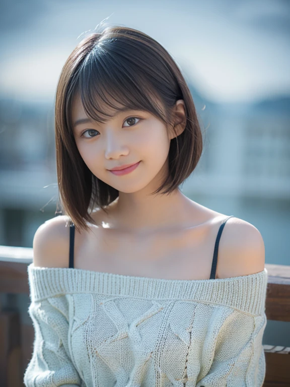 Tabletop, highest quality, 8k, 18-year-old, 10th Generation, Primary school students,Young Face,RAW Photos, Absurd, Award-winning portrait, smile, blush,alone, (night:1.8), Idol&#39;s face, Delicate girl,Delicate body, Upper Body, Digital single-lens reflex camera, Looking at the audience, Frank, Sophisticated,Thin arms, Thin body,Tap on the shoulder,Professional Lighting, Film Grain, chromatic aberration, (Eye and facial details:1.0),  Black-haired , Shortcuts,bangs,Drooling eyes , Moderately large breasts,valley,Knitted Products,White knitwear,texture,Exposure,shoulders protruding,Tight clothing,(Off the shoulder),胸のvalley間,I can see your chest,((Your shoulders are beautiful)),((valley間が見える)),The fabric area is reduced,Highly revealing,she wants to see her skin,((胸のvalley間)),Hands behind head