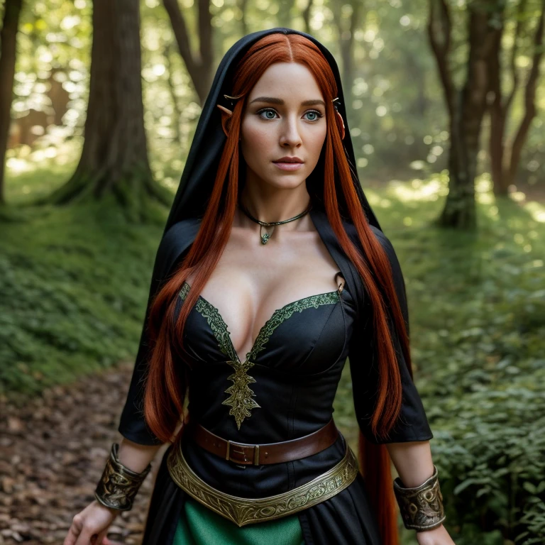 Penny pax redhead long hair braids ponytail glasses blushing dark eyes mascara eyeshadow collar topless jewellery chains leather straps green cloth skirt stocking gypsy medieval wet forest storm headband bangles elf ears dagger cloak bow and quiver confident aura tattoo