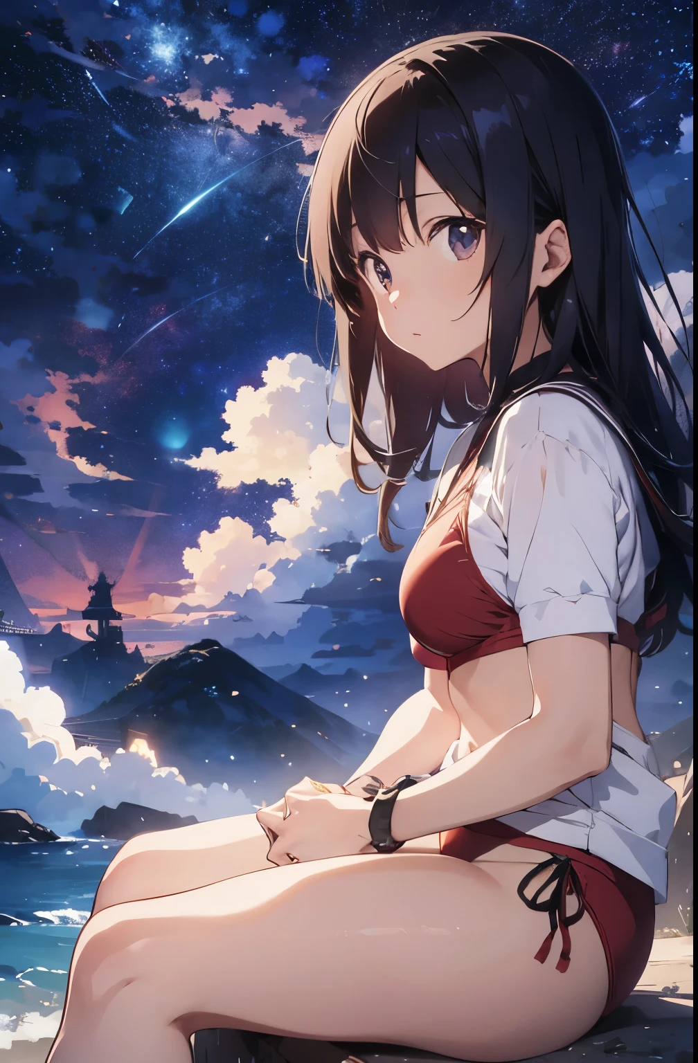 Japanese anime style,Young girl, Red Bikini、Red Bikiniを着ている,背景には大きな一枚ガラスから美しいStarry Skyが広がっています, Starry Sky、The girl has a relaxed look, Capture the calm and quiet atmosphere of the night、Anime girl sitting on a white chair looking at the sky, Makoto Shinkai Cyril Roland, 4k anime wallpaper, Anime Art Wallpapers 8K, anime art wallpaper 4k, anime wallpaper 4k, anime wallpaper 4k, anime wallpaper 4k, Space Sky. by makoto shinkai, Anime Style 4k, 4K Manga Wallpaper 2、Beautiful fingers,Beautiful Hands,Points First,nail,arms behind back
Seaweed、Seaweed、Seaweed、Seaweed、Seaweed、Seaweed、