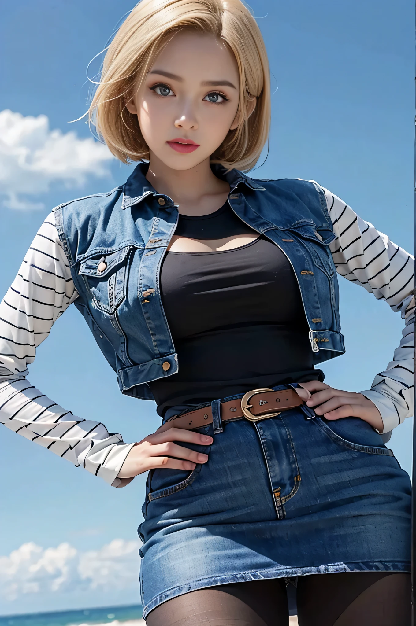 blond woman in a denim skirt and jacket posing for a picture, android 18, realistic clothing, cropped shirt with jacket, photo realistic style, 2b, 2 b, hyper realistic style, in style of ultra realistic, render of april, looking like annie leonhart, blue jeans. unreal 5, jean jacket, realistic anime 3 d style, young beautiful amouranth