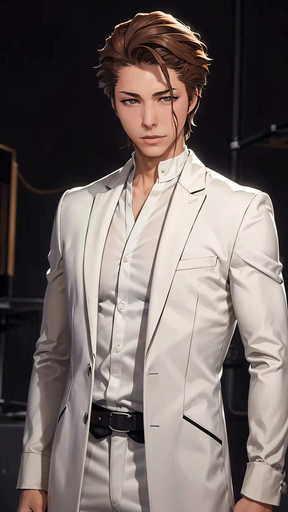 （（（完美figure，figure，man，solo，（（（White clothes，white coat，）））， （（（Aizen，Brown short hair, brown pupils,））），((masterpiece)),high resolution, ((Best quality at best))，masterpiece，quality，Best quality，（（（ Exquisite facial features，Looking at the audience,There is light in the eyes，(（（lol，confidence））)，））），型figure:1.7））），（（（Light and shadow，））），（（（Looking at the camera，black background，）））