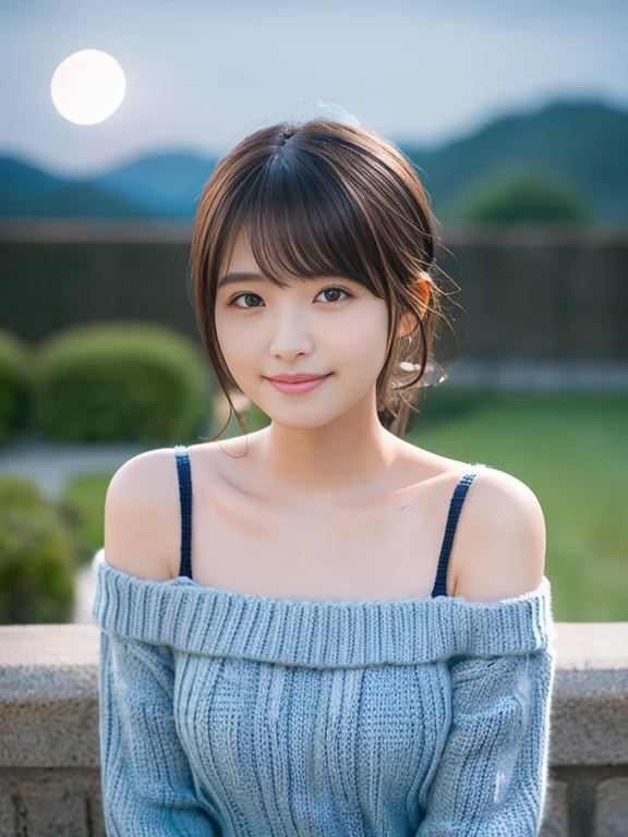 masutepiece, Best Quality, Photorealsitic, finely detail, hight resolution, 8K Wallpapers, Perfect dynamic composition, Beautiful detailed eyes, Medium Hair, Medium chest, Random and sexy poses,Bring your chest together、(Tight Blue Knitwear)、(Breast bulge)、A smile、open open mouth、The tip of the tongue is visible、Beautiful resort scenery、25-years old、(Drooping eyes 1.4)、Adult beauty、japanes