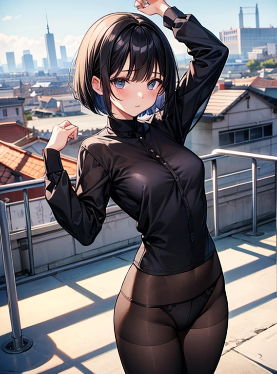 Cute Girls、black tights、Short Bob、School rooftop 、Showing her panties、Attractive breasts、See-through underwear、Put your hands behind your back、Quiet、Inconspicuous