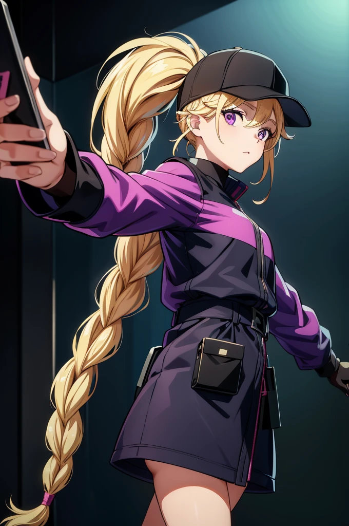 a drawing of a cartoon woman holding a cell phone to her ear while walking forward, 1girl, hat, solo, selfie, phone, blonde hair, braid, twin braids, holding phone, holding, gloves, baseball cap, looking at viewer, cellphone, jacket, smartphone, long hair, purple eyes, black gloves, black headwear, bangs