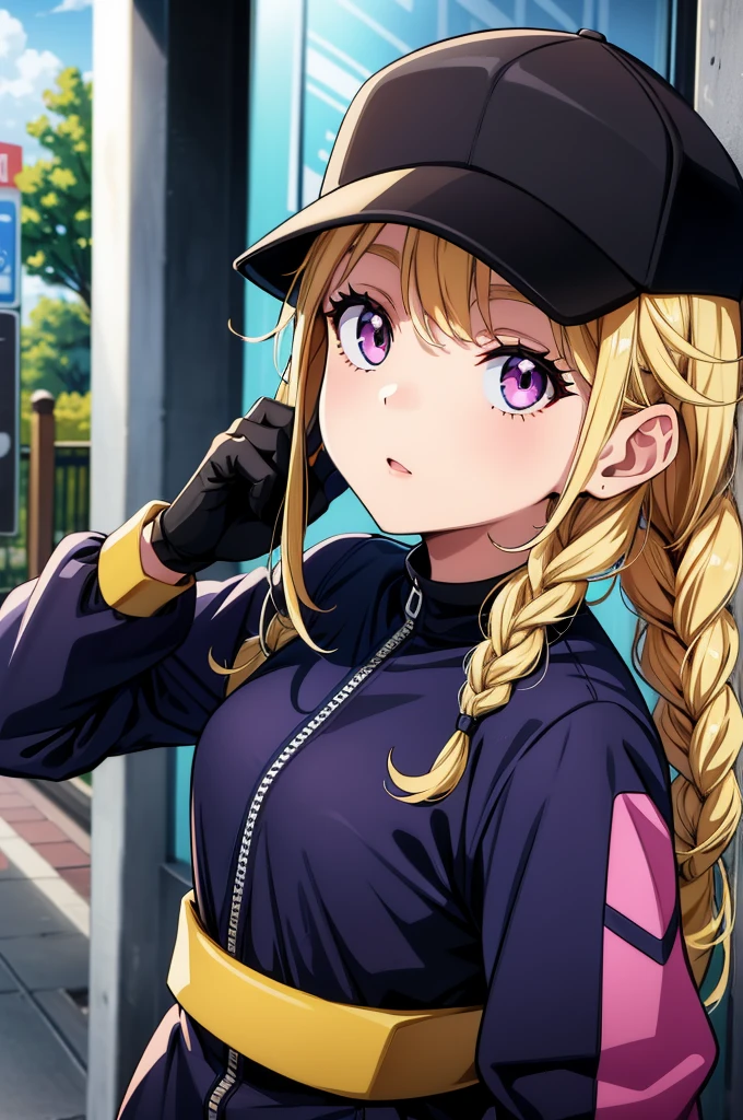 a drawing of a cartoon woman holding a cell phone to her ear while walking forward, 1girl, hat, solo, selfie, phone, blonde hair, braid, twin braids, holding phone, holding, gloves, baseball cap, looking at viewer, cellphone, jacket, smartphone, long hair, purple eyes, black gloves, black headwear, bangs