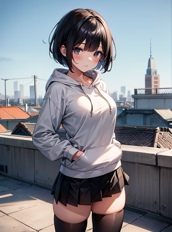 Cute Girls、black tights、Short Bob、School rooftop 、Showing her panties、Attractive breasts、See-through underwear、Put your hands behind your back、Quiet、Inconspicuous、hoodie