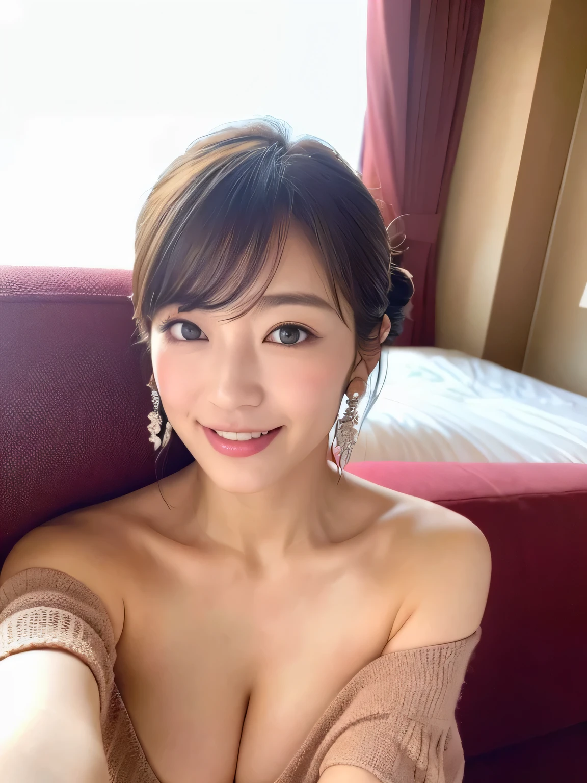 ((highest quality, 8k, masterpiece :1.3)), Sharp focus:1.2, Bright colors, Professional level, ((Bokeh effect)), Shallow depth of field,
20-year-old female, (A half Japanese, half German woman), 1 person, A beautiful face with intelligence,
Flexible body :1.3, Model Body Type:1.5, 頭w:1.4, Perfect Style:1.4,
Realistic skin texture, Fair skin, Shiny skin,
Narrow shoulders, Beautiful clavicle, Long, slender legs, The beauty of slim abs :1.2, Narrow waist :1.2,
Highly detailed face, Slim face contour, Beautiful small face, Beautiful Nose,
Ultra-detailed eyes, Slit eyes, Brown eyes, double eyelid, Ultra-thin eyebrows, Thin, long eyelashes,
Ultra-detailed lips, Plump and moisturized lips, glossy pink lips, Flushed Cheeks, ((White beautiful teeth)),
Beautiful actress's ennui makeup, Pink lipstick, Smoky eyeshadow,
Dark Brown Hair, Delicate soft hair, Hair blowing in the wind,
(Put your hair up, Medium Short Hair, ponytail:1.2),
Layered Cut, (Blunt bangs:1.2),
Mouth half open, Attractive look, Looking into the camera,
((Sleep on your back)), (Full body image from thigh:1.2), Spotlight,
((On a glass bed in a luxury hotel, The midsummer sun shines on the whole)),
((The large windows overlook the ocean horizon.:1.2)),
((Beautiful female announcer,Nogizaka Idol Face,A kind smile:1.5)),
((Gorgeous Earrings, Silver Necklace:1.2)),
((Milky skin-tight off-shoulder knit blouse:1.5)),
((Erotic atmosphere, An erotic gaze that invites men:1.5)),
((The clothes are see-through,Bright red bra,Beautiful boobs:1.2)),
((Pay attention to the low-rise panties under the skirt:1.2)),
((Lift your face a little)),
((Chest to chest)),
((Squint your eyes)),
((Pursing your lips:1.2)),
((Blushing:1.2)),
((The cleavage is fluffy:1.2)),
((Flat Chest)),
((Beautiful little pink areola:1.2)),