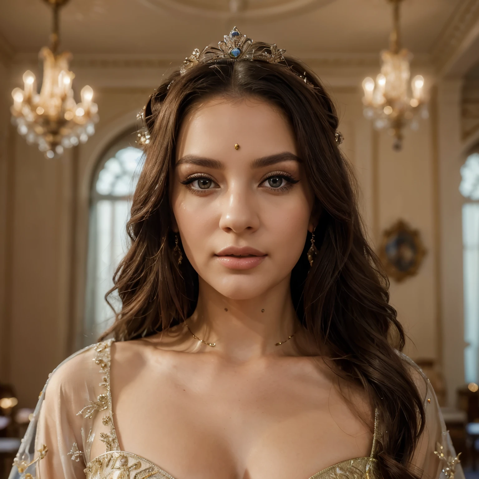(best quality,8k,highres,masterpiece:1.2),(realistic:1.37),(vivid colors),(sharp focus),(extremely detailed eyes and face),(beautiful detailed eyes),(beautiful detailed lips),(longeyelashes),portrait,bright colors,stunning dress,detailed embroidery,sparkling jewelry,fairytale,royalty,glamorous setting,luxurious ballroom,impressive crown,graceful pose,poised expression,majestic atmosphere,elegant hairstyle,captivating gaze,royal background,grand chandelier,gentle lighting,grandiose celebration.