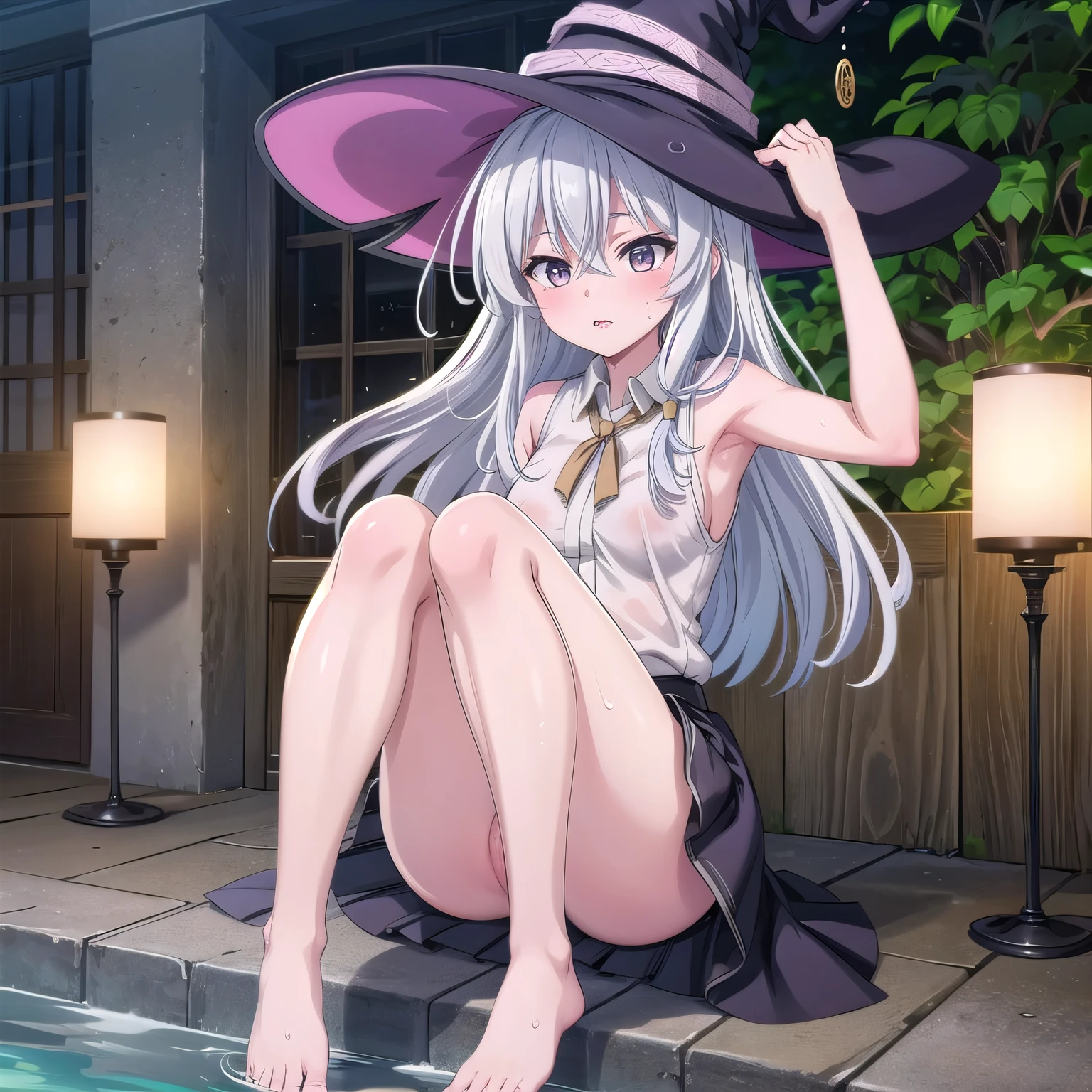 realistically, longhair, glitter silver hair, brown eyes, glowing eyes, white short skirt, super shot skirt, Blush, daytime, Wet from the rain, see through, sleeveless shirt, nipples, , pussy, crotch, surprise, hugging your knees, windy, elaina, the skirt is flipped up, masterpiece, highest quality, very High resolution, (detailed and beautiful eyes), highly detailed face, perfect lighting, Very detailed CG, (perfect hands, perfect anatomy), witch, seduce expression, bottomless, sex appeal, armpit, slender,