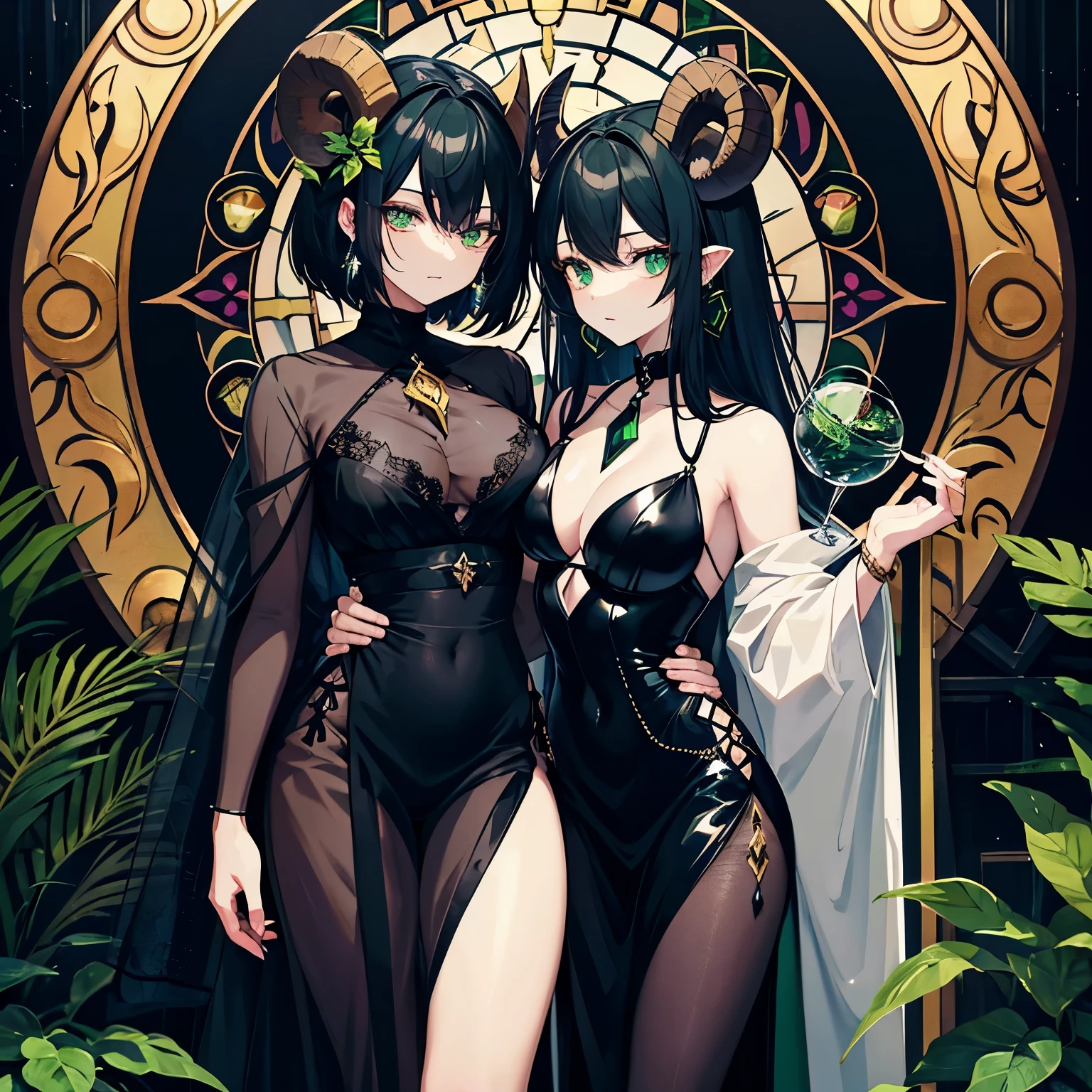 A black goat beastman with emerald green eyes.、Horizontal pupil、Beautiful glass circle earrings with plants trapped inside、The horns are mouflon、Jet black hair、stained glass style、anime style