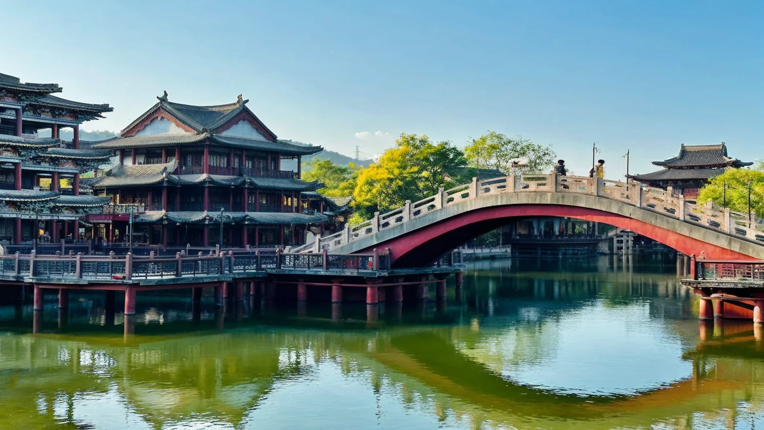 Alafed Bridge across the water,A building in the background, ancient Chinese Architecture, Chinese Architecture, Dreamy Chinatown, Beautiful images, Tang Palace, stunning images, Gangnam Town, Full view, Chinese Village, Chinese Architecture, Guangjian, Chinese tradition, Song, Chinese, building along a river, Beautiful rendering of the Tang Dynasty