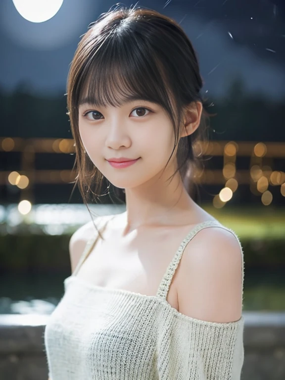 Tabletop, highest quality, 8k, 18-year-old, 10th Generation, Primary school students,Young Face,RAW Photos, Absurd, Award-winning portrait, smile, blush,alone, (night:1.8), Idol&#39;s face, Delicate girl,Delicate body, Upper Body, Digital single-lens reflex camera, Looking at the audience, Frank, Sophisticated,Thin arms, Thin body,Tap on the shoulder,Professional Lighting, Film Grain, chromatic aberration, (Eye and facial details:1.0),  Black-haired , Shortcuts,bangs,Drooling eyes , Moderately large breasts,valley,Knitted Products,White knitwear,texture,Exposure,shoulders protruding,Tight clothing,(Off the shoulder),胸のvalley間,I can see your chest,((Your shoulders are beautiful)),((valley間が見える)),The fabric area is reduced,Highly revealing,she wants to see her skin,((胸のvalley間)),Hands behind head