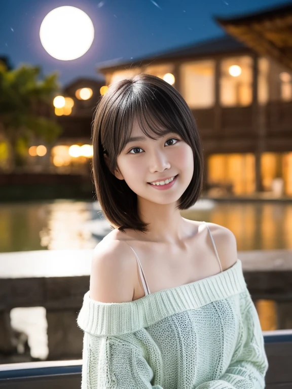 Tabletop, highest quality, 8k, 18-year-old, ,Young Face,RAW Photos, Absurd, Award-winning portrait, smile, blush,alone, (night:1.8), Idol's face, Delicate girl,Delicate body, Upper Body, Digital single-lens reflex camera, Looking at the audience, Frank, Sophisticated,Thin arms, Thin body,Tap on the shoulder,Professional Lighting, Film Grain, chromatic aberration, (Eye and facial details:1.0), Black-haired , Shortcuts,bangs,Drooling eyes , Moderately large breasts,valley,Knitted Products,White knitwear,texture,Exposure,shoulders protruding,Tight clothing,(Off the shoulder),胸のvalley間,I can see your chest,((Your shoulders are beautiful)),((valley間が見える)),The fabric area is reduced,Highly revealing,she wants to see her skin,((胸のvalley間)),Hands behind head
