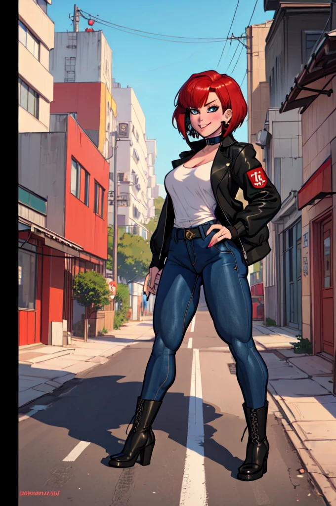 a Sukeban girl in the art style of persona5 and in the art style of street of rage 4, delinquent, (Sukeban), mature female, blush, mature, older woman, 26 years old, Sukeban teacher outfit, ((((1girl, solo female, solo, solo focus:1,9)))++++, choker, Sukeban teacher, Sukeban fighter, long sleeves, open jacket, blue jacket,( jeans)+++, light skin tone female, (full body)+++++, jacket, biker jacket, tape, arm support, gloves, red gloves, bridal gauntlets, nail polish, boots, black footwear, fighter outfit, (full body)+++++++, hourglass, mature face, cheeky smile, cheeky face, wrinkles, (((((red hair, short hair, earrings, ear piercings)))), red eye, fighting art, Martial arts, standing, fighting stance, fight, fighting), extra colors, 2D, megapixel, perfectionism, accent lighting, full HD , (Masterpiece:1.2), (full-body-shot:1),(cowboy shot:1.2), (Highly detailed:1.2),(anime Detailed Face:1.2), Colorful, A detailed eye, (Detailed landscape:1.2), (natural lighting:1.2), ((Sukeban school teacher)) by Vincent Di Fate: Aidyllery, Anamorphic Shot, rule of thirds, face by Artgerm and WLOP, ((street of rage 4 city backround)), fictive city backround in the style art of street of rage 4, gainax anime style, studio gainax art, studio gainax illustration, inspired by Masamune Shirow, studio gainax, by Masamune Shirow, beautiful charcter from evangelion, street of rage 4 art, street of rage 4 illustration,